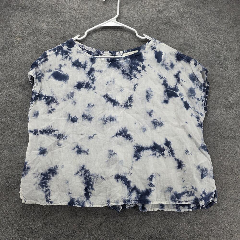 Rachel Zoe Blouse Cropped Womens L Blue Linen Relaxed Fit Button Cap Sleeve